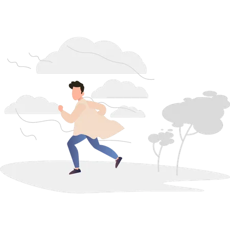 Boy running in windy weather  Illustration
