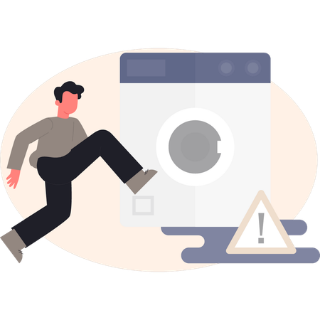 Boy  running near repairing washing machine  Illustration