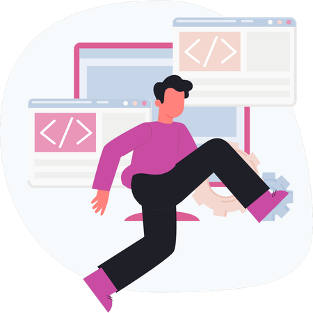 Boy running near website coding  Illustration