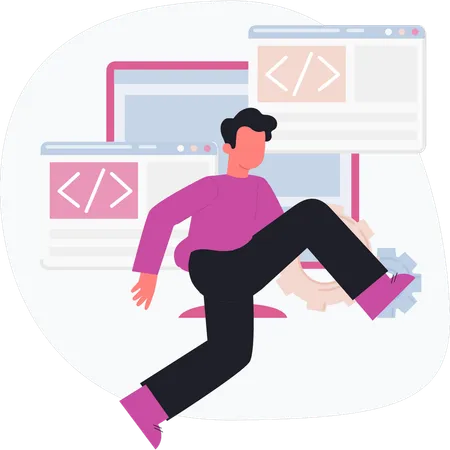 Boy running near website coding  Illustration