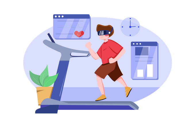 Boy running on treadmill using VR tech Illustration