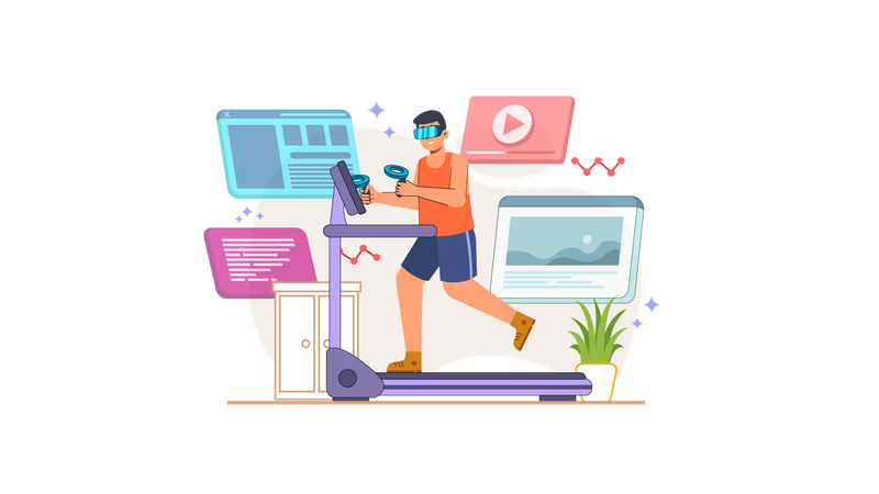 Boy running on treadmill using VR tech  Illustration