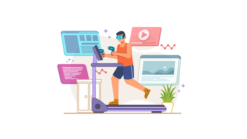 Boy running on treadmill using VR tech  イラスト