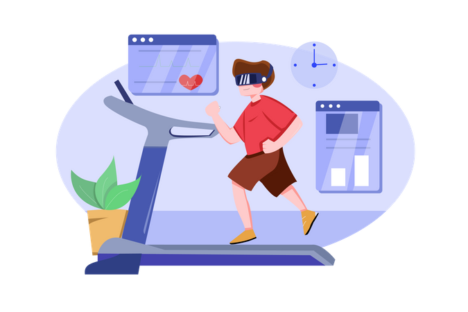 Boy running on treadmill using VR tech  Illustration