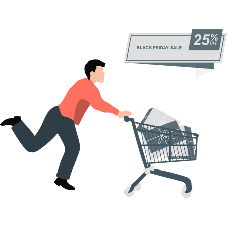 Boy running to get 25% discount shopping  Illustration