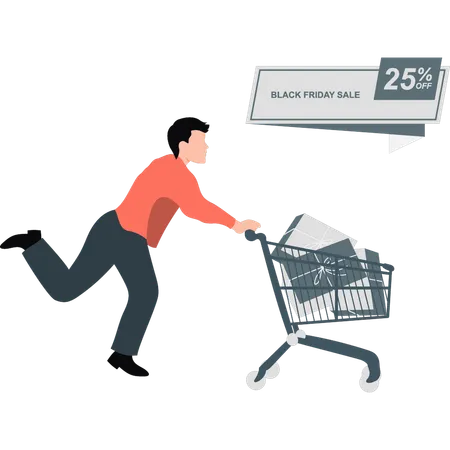 Boy running to get 25% discount shopping  Illustration