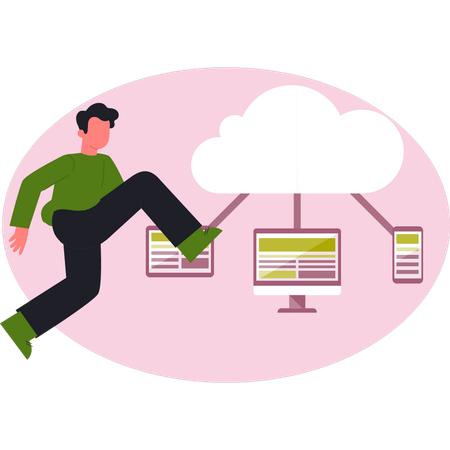 Boy running toward cloud computing network Illustration