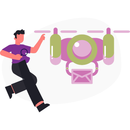 Boy  running towards near drone game  Illustration