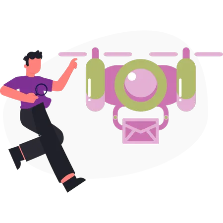 Boy  running towards near drone game  Illustration