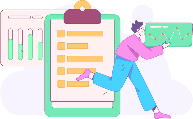 Boy running while holding analysis chart  Illustration