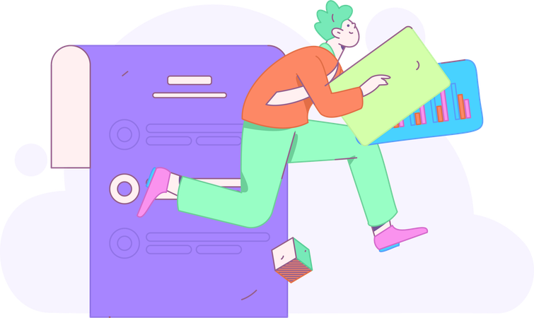 Boy running with business report  Illustration