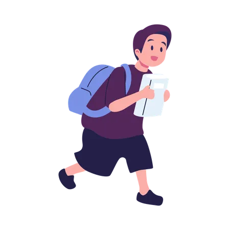 Boy Running With Carrying Bags And Book  Illustration