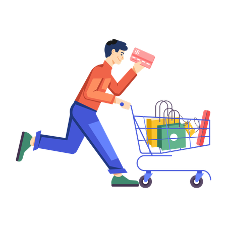 Boy running with shopping cart  Illustration