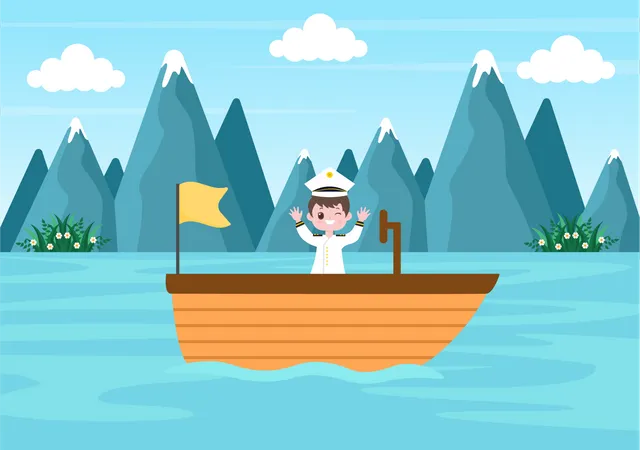 Boy sailing boat in lake Illustration