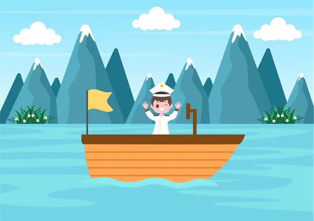 Boy sailing boat in lake  Illustration