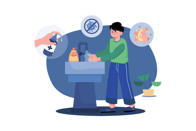 Boy sanitizes his hands  Illustration