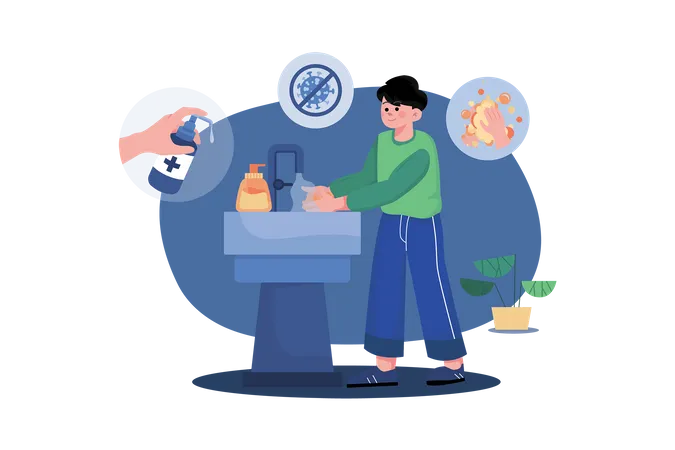 Boy sanitizes his hands  Illustration