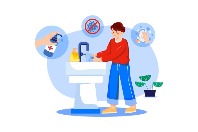 Boy sanitizes his hands  Illustration