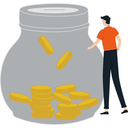 Boy saving money in jar  Illustration