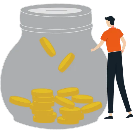 Boy saving money in jar  Illustration