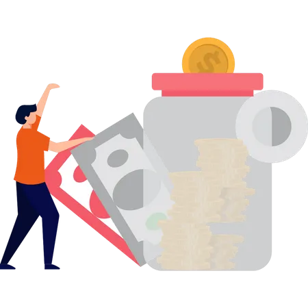 Boy saving money in jar  Illustration