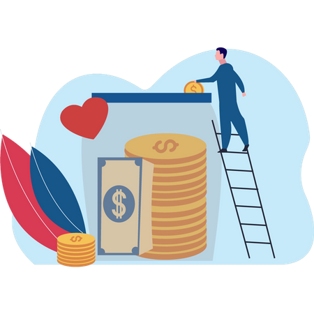 Boy Saving Money In Jar  Illustration