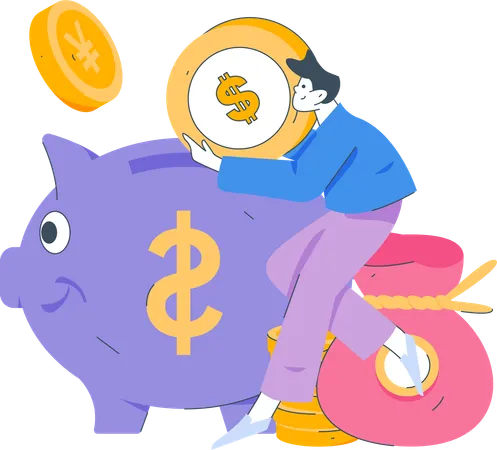 Boy saving money in piggy bank  Illustration