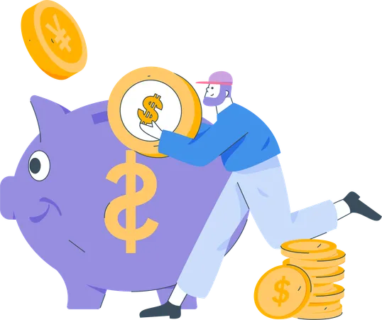 Boy saving money in piggy bank  Illustration