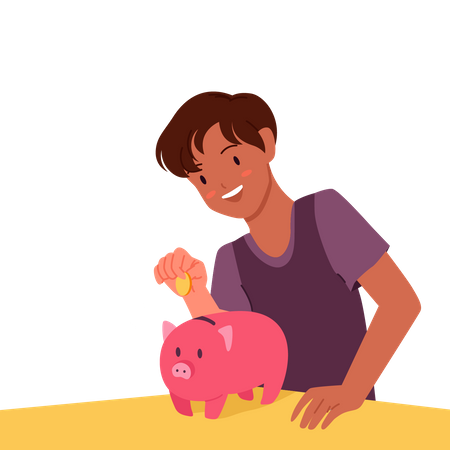 Boy saving money in piggy bank  イラスト
