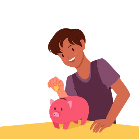 Boy saving money in piggy bank  イラスト
