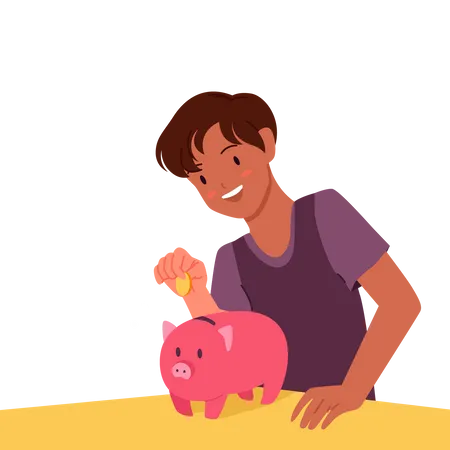 Boy saving money in piggy bank  Illustration