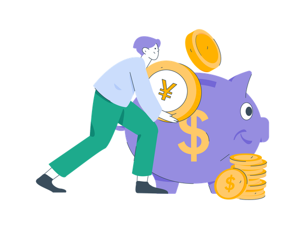 Boy saving money in piggy bank  Illustration