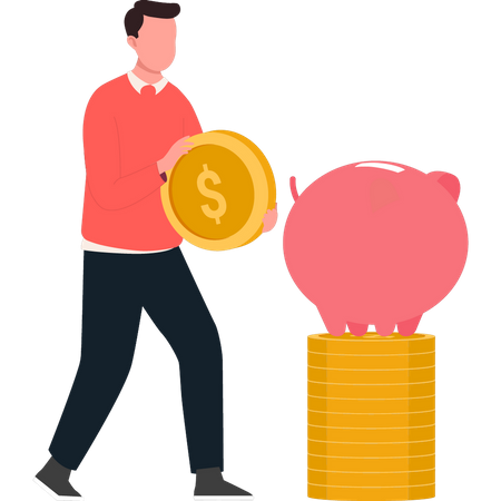 Boy saving money in piggy bank  Illustration