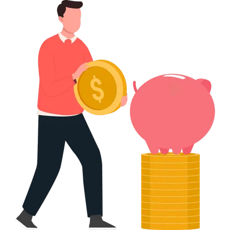 Boy saving money in piggy bank  Illustration