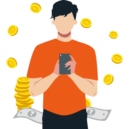 Boy saving money on mobile  Illustration