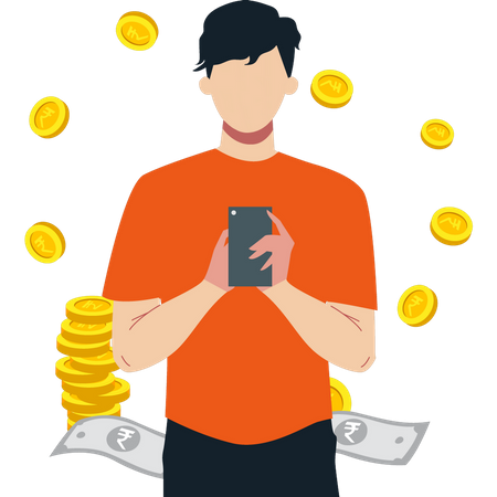 Boy saving money on mobile  Illustration