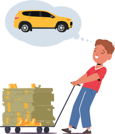 Boy saving money to buy dream car  Illustration