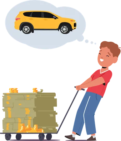 Boy saving money to buy dream car  Illustration