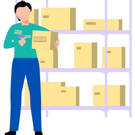 Boy scanning barcode on product  Illustration