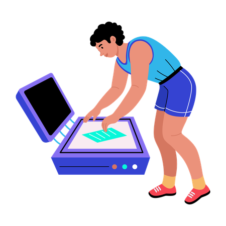 Boy scanning document in document scanner  Illustration