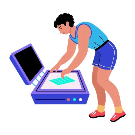 Boy scanning document in document scanner  Illustration