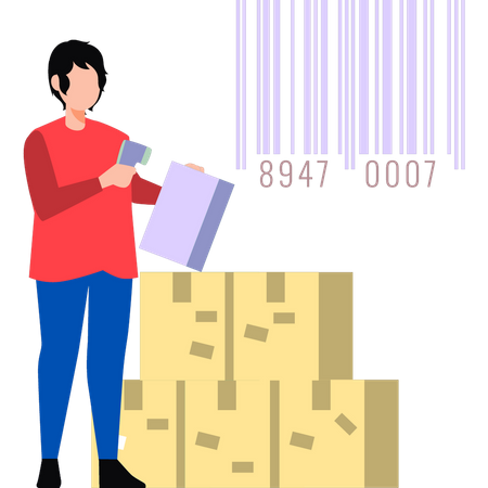 Boy scanning parcel barcode  Illustration