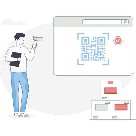 Boy scanning product with barcode scanner  Illustration