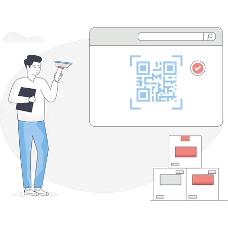 Boy scanning product with barcode scanner  Illustration