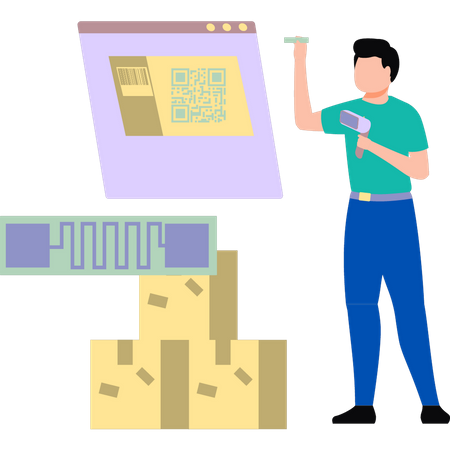 Boy scanning products with barcode scanner  Illustration