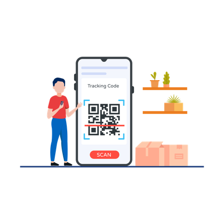 Boy Scanning Qr code using mobile phone  Illustration