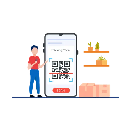 Boy Scanning Qr code using mobile phone  Illustration