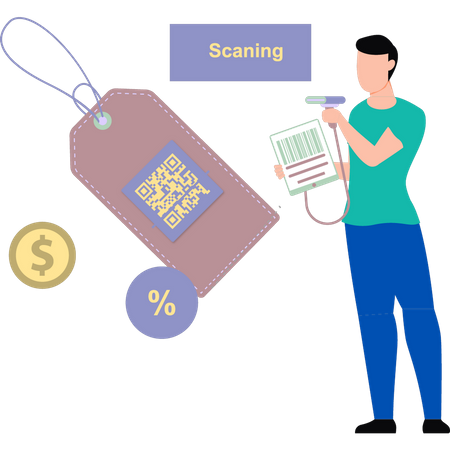 Boy scanning tag barcode  Illustration