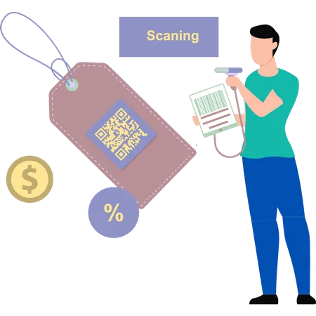 Boy scanning tag barcode  Illustration