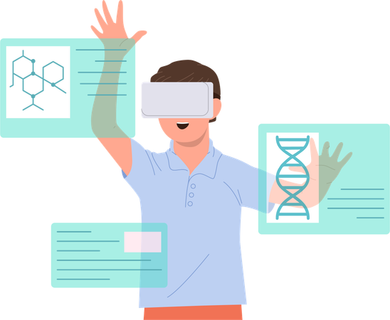 Boy school student wearing vr goggles studying chemistry at lesson in metaverse  Illustration